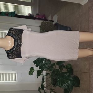 M adorned mesh chest pearl & metal adorned  tunic with stretchy grey body